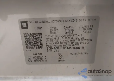 2021 Chevrolet Equinox Lt из США, поврежденный, VIN 3GNAXUEV5MS160019